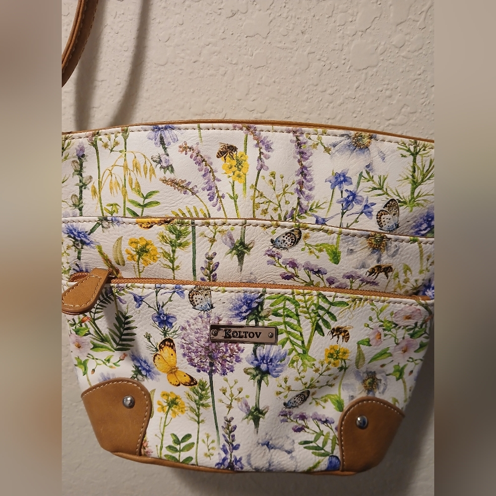 Koltov Crossbody Bag Featuring A Vibrant Floral And Butterfly Pattern.